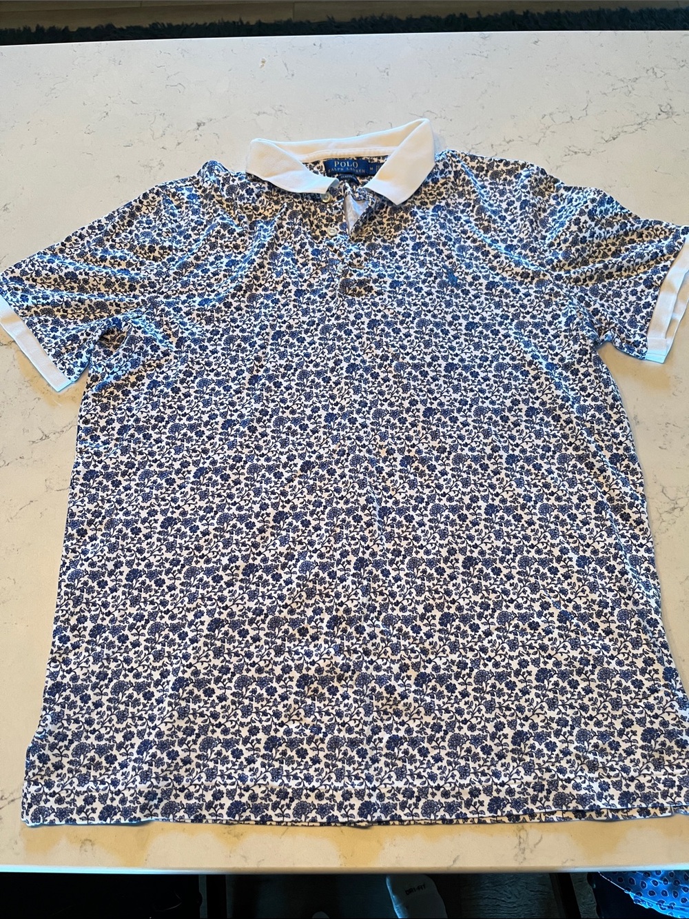 Ralph Lauren Blue Floral Polo with White Contrast Collar